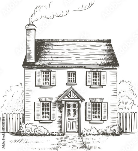 Black and white hand drawn of a quaint two story house with smoke from chimney home