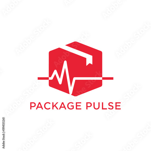 Red delivery box with heartbeat pulse line icon for express medical shipping or logistics tracking service branding package pulse logo