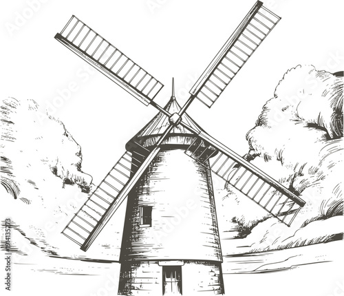 Black and white hand drawn of a traditional windmill with large sails and surrounding trees