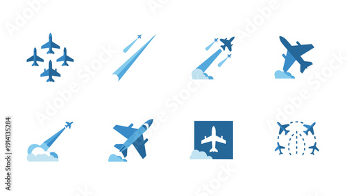 Modern blue jet airplane icons collection for aviation and travel design