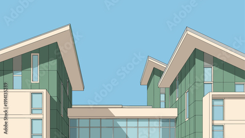 Modern architectural design with green facade and sharp rooflines on clear sky background