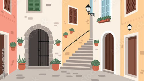 Cozy mediterranean courtyard with charming architecture and potted plants