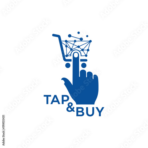 Digital hand touching shopping cart network icon for mobile commerce and online store branding identity business technology tap & buy logo