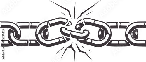 Broken chain link with impact effect in dark gray and white fracture