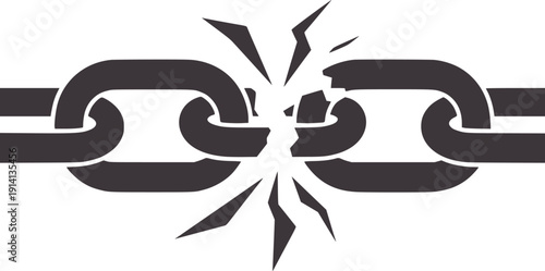 Broken chain link with sharp jagged edges in monochrome fracture separation