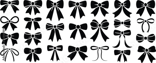 Ribbon bow silhouettes collection, black decorative gift bows icons set, festive celebration vector illustration isolated for holiday packaging design