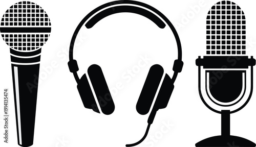 Professional podcasting equipment set featuring vector silhouettes of a condenser microphone over ear headphones and a dynamic handheld mic