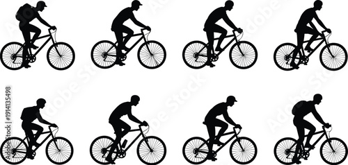 Cyclist silhouettes illustration with diverse riding postures, road bike, casual, racing, commuting, backpack riders, black and white artwork concept