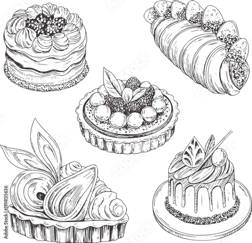 Hand drawn of five assorted pastries and cakes with fruit pastry tart