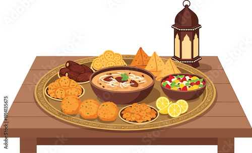 Traditional Ramadan Iftar Platter with Dates, Samosa, Pakora and Haleem – Top View Vector Illustration