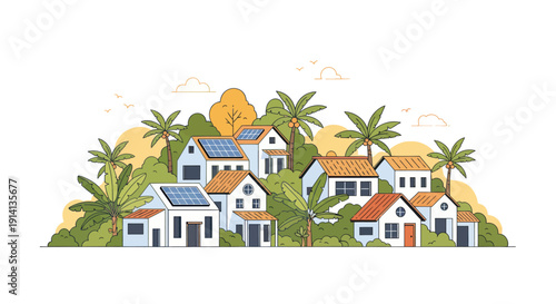 Eco-friendly village with solar panels on roofs, surrounded by lush greenery and palm trees.
