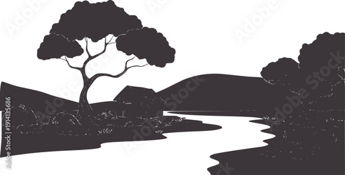 Minimalist dark grey landscape with winding river and tree silhouette