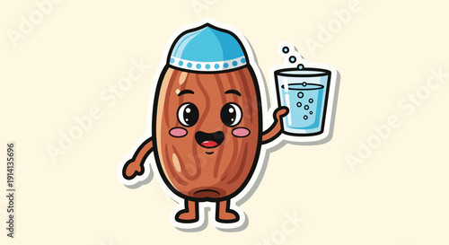 Cheerful Cartoon Almond Mascot Enjoying Refreshing Bubbly Water, Highlighting Healthy Ingredients and Hydration