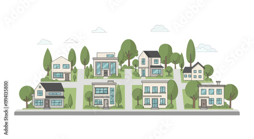 Suburban street with modern houses and trees, residential neighborhood illustration