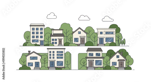 Modern architectural row houses and trees illustration, minimalist style, clean lines, residential neighborhood.