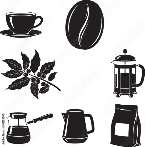 A detailed vector illustration of a steaming hot cup of black coffee served in a white ceramic mug on a wooden table surface.