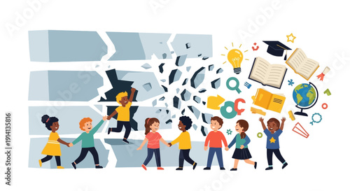 Illustration of diverse people breaking through a wall surrounded by education icons like books, globe, and graduation cap on World Social Justice Day, promoting equality and access to
