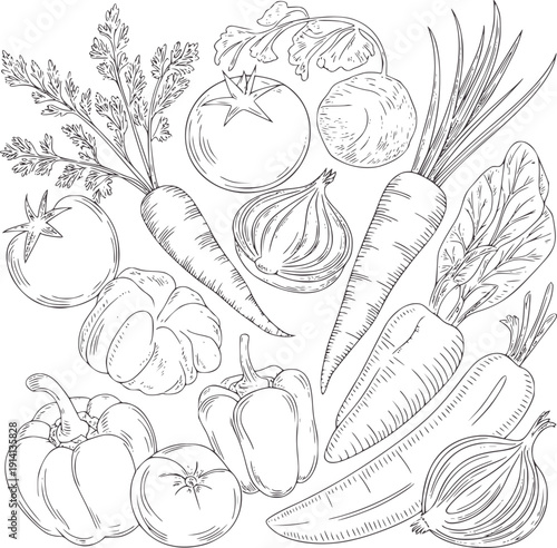 Monochromatic of assorted fresh vegetables including carrots tomatoes onions peppers and pumpkins