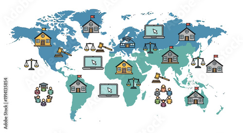Infographic illustration of a world map with icons representing social justice and global awareness on a colorful campaign for World Social Justice Day.