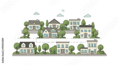 Charming Suburban Neighborhood with Houses and Trees - Flat Illustration