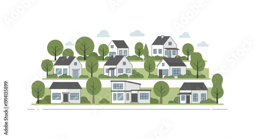 Suburban neighborhood with diverse modern and traditional houses, trees, and landscaping.
