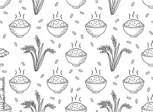 Seamless pattern with hand drawn rice bowl and rice plants organic food agriculture outline vector background