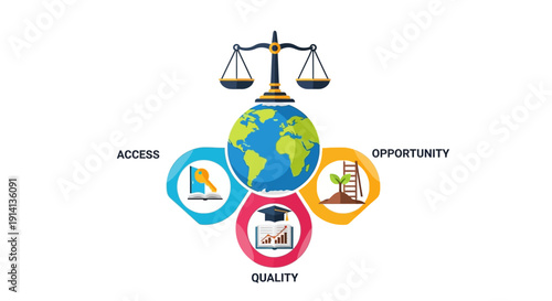 Infographic illustration of a colorful campaign for World Social Justice Day with a globe, scales of justice, and icons representing access, opportunity, and quality, conveying a sense of
