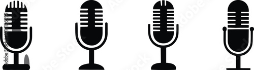 Retro vintage style microphone silhouette vector set featuring classic pill shaped mic icons for jazz music and old radio broadcasting.