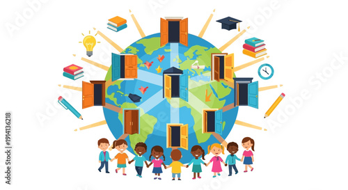 Illustration of diverse children standing around a globe with education icons, symbolizing global education and social justice awareness on a white background with a colorful and