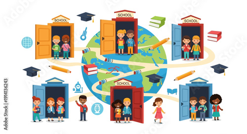 Illustration of diverse people of different ages and professions standing in open doors around a globe, surrounded by education icons and colorful objects on a white background, promoting