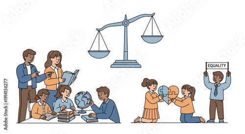 Illustration of diverse people engaging in teamwork, activism, and education for social justice and equality on a global day, with a colorful campaign design.