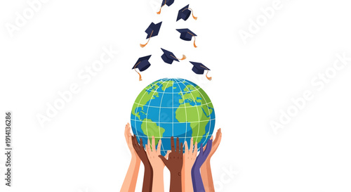 Illustration of diverse hands holding a globe with graduation caps falling around it, symbolizing global education and social justice on a white background with a colorful and celebratory