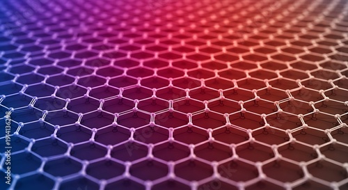 Closeup of hexagonal graphene lattice with gradient color transition from blue to red