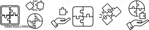 Puzzle Pieces Icon Set. Jigsaw Puzzle Outline Symbols Vector Isolated on White Background eps