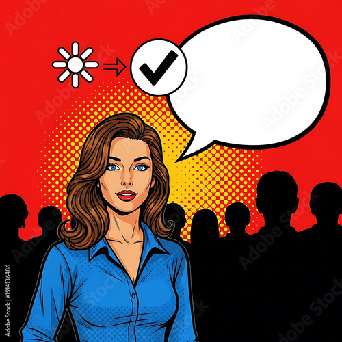 Confident Woman with Speech Bubble Pop Art Illustration for Communication Concept, leadership blogs, motivational presentations, and modern marketing campaigns.