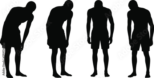 Human silhouettes illustration with tired poses, fatigue concept, exhaustion posture diversity, sports recovery theme, black and white artwork design