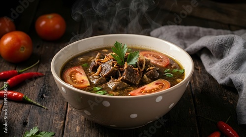 Steaming hot bowl of rich, savory beef soup, garnished with fresh tomatoes and crispy fried shallots, served on a rustic wooden table with chilies and cilantro, a comforting and appetizing dish