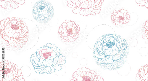 Seamless pattern of elegant peony blossoms uses fine line work and stippling details on a clean white background.