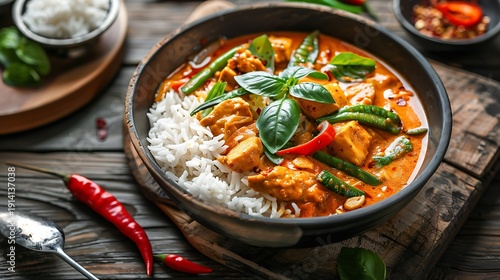 Hearty red curry with tender chicken, green beans, and fragrant white rice is presented on a rustic wooden table.