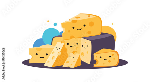 Group of cute and happy cheese wedge characters with smiling faces are piled together in a fun and colorful illustration.