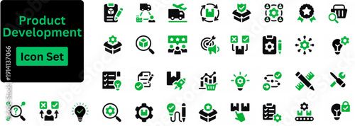 Silhouette vector of Product Development icon set. Icons of innovation, prototype, design, research, testing, product launch, conception and marketing. Solid icons set. 