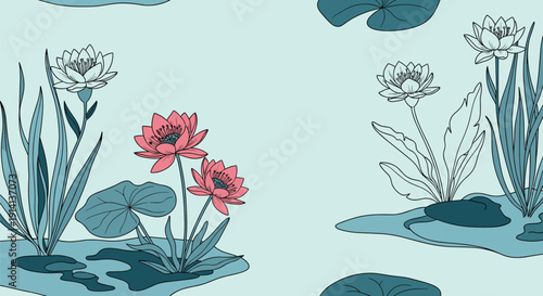 Serene illustration shows pink and white water lilies with lily pads floating in a calm pond on a light blue background.