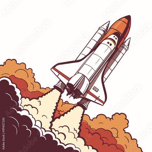 Space shuttle liftoff with orange and brown smoke rocket