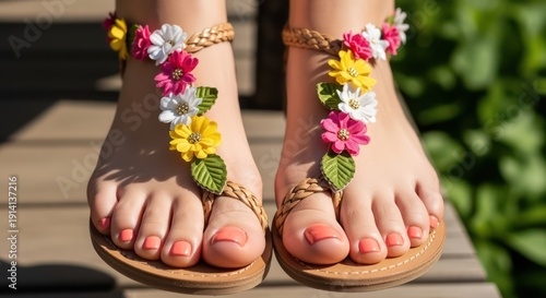 Woman's feet in floral sandals on wooden deck outdoors
