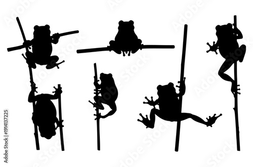Frog silhouette vector set tree amphibian climbing on branch