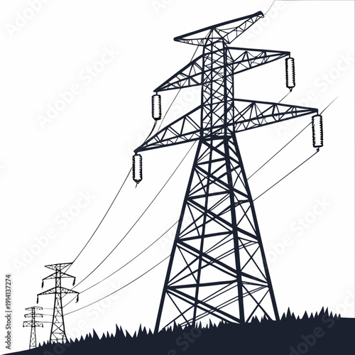 Of large metal electric pylon with power lines and insulators