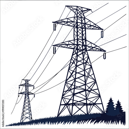 Of two voltage electric power transmission towers electric pylon