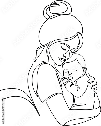 Mother holding baby line art vector illustration, maternal love artwork, parenting design, emotional connection graphic, minimalist outline vector, peaceful family scene