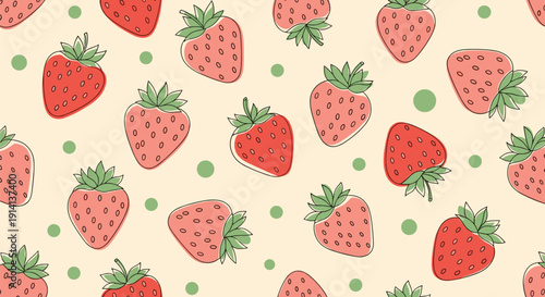 Sweet strawberry pattern features ripe red berries with green leaves and matching polka dots on a warm cream background.