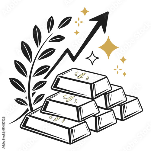 Gold bars stacked with plant and rising arrow stacked gold
